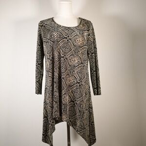 Allie & Rob Womens Medium Black Gold Geometric Plisse Sharkbite Tunic Top USA